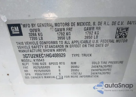 2017 GMC Sierra 1500 Slt z USA, uszkodzony, nr VIN 3GTU2NEC1HG408929